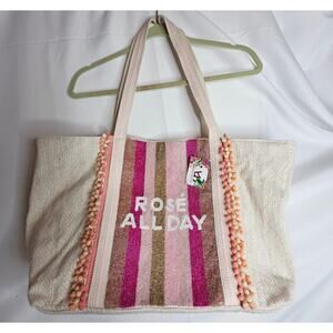 ROSE ALL DAY NWT Pink Brown Cream beaded Tiny PomPom‎ accents. Beach Tote Cruise